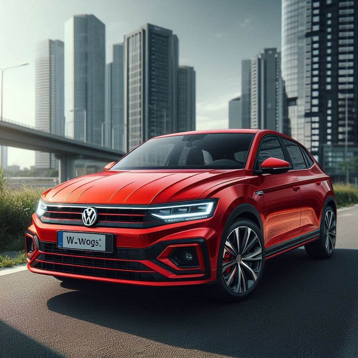 Volkswagen Nivus en movimiento por una carretera moderna en la ciudad, destacando su diseño deportivo y tecnología avanzada