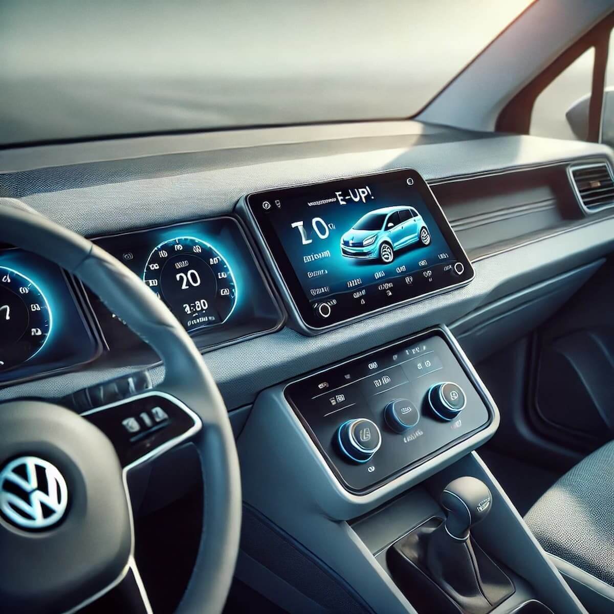 Interior minimalista del Volkswagen e-up! con el panel de instrumentos mostrando la autonomía eléctrica disponible, resaltando la practicidad de un coche diseñado para trayectos urbanos.