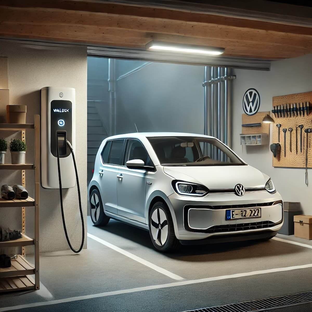 Fotografía del Volkswagen e-up! recargándose en un wallbox doméstico, subrayando la comodidad de su autonomía diaria y el ahorro en ‘combustible’ que este modelo 100% eléctrico ofrece.