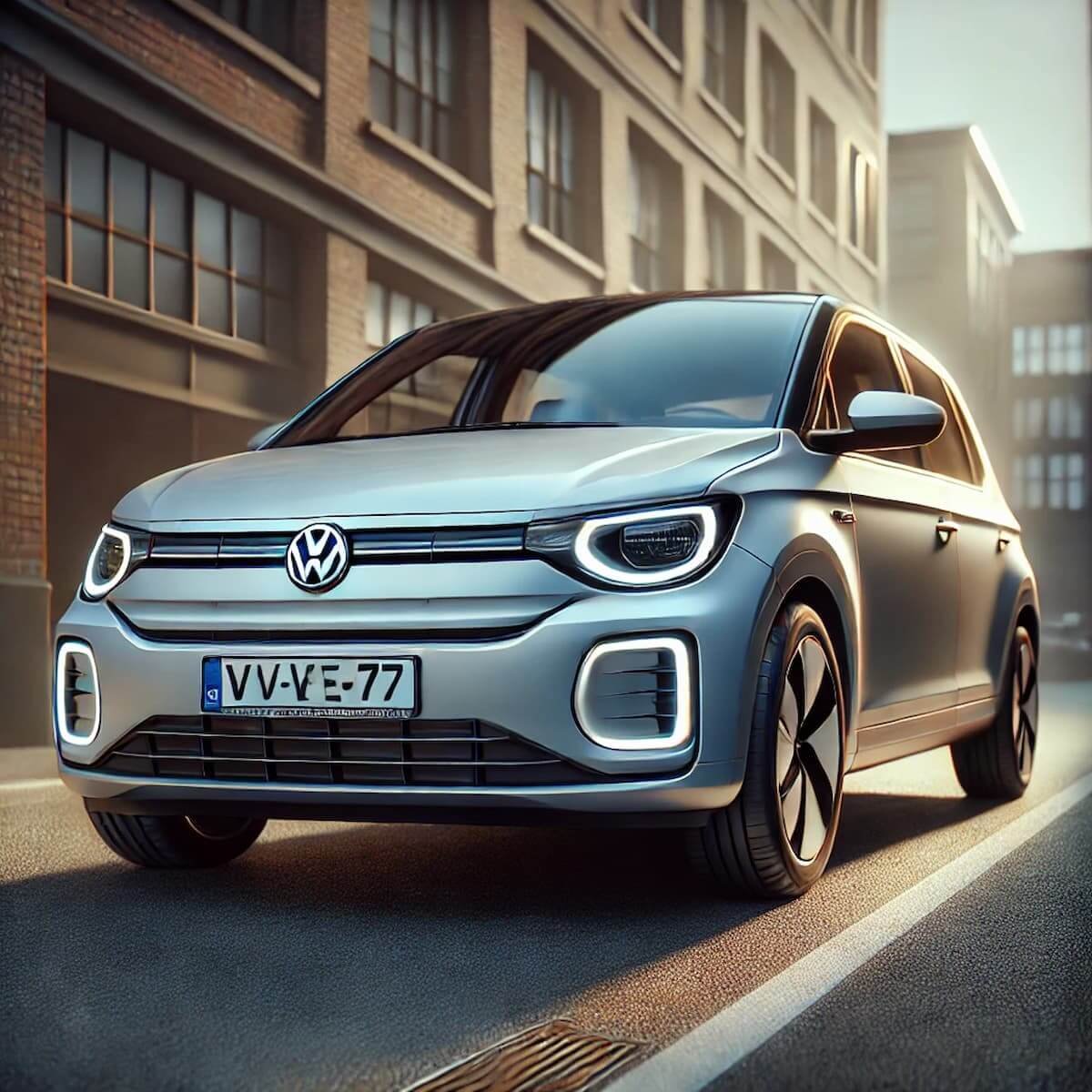 Primer plano del Volkswagen e-up! estacionado en una calle urbana, luciendo su parrilla frontal casi cerrada y destacando el diseño compacto que hace más fácil la conducción en la ciudad.
