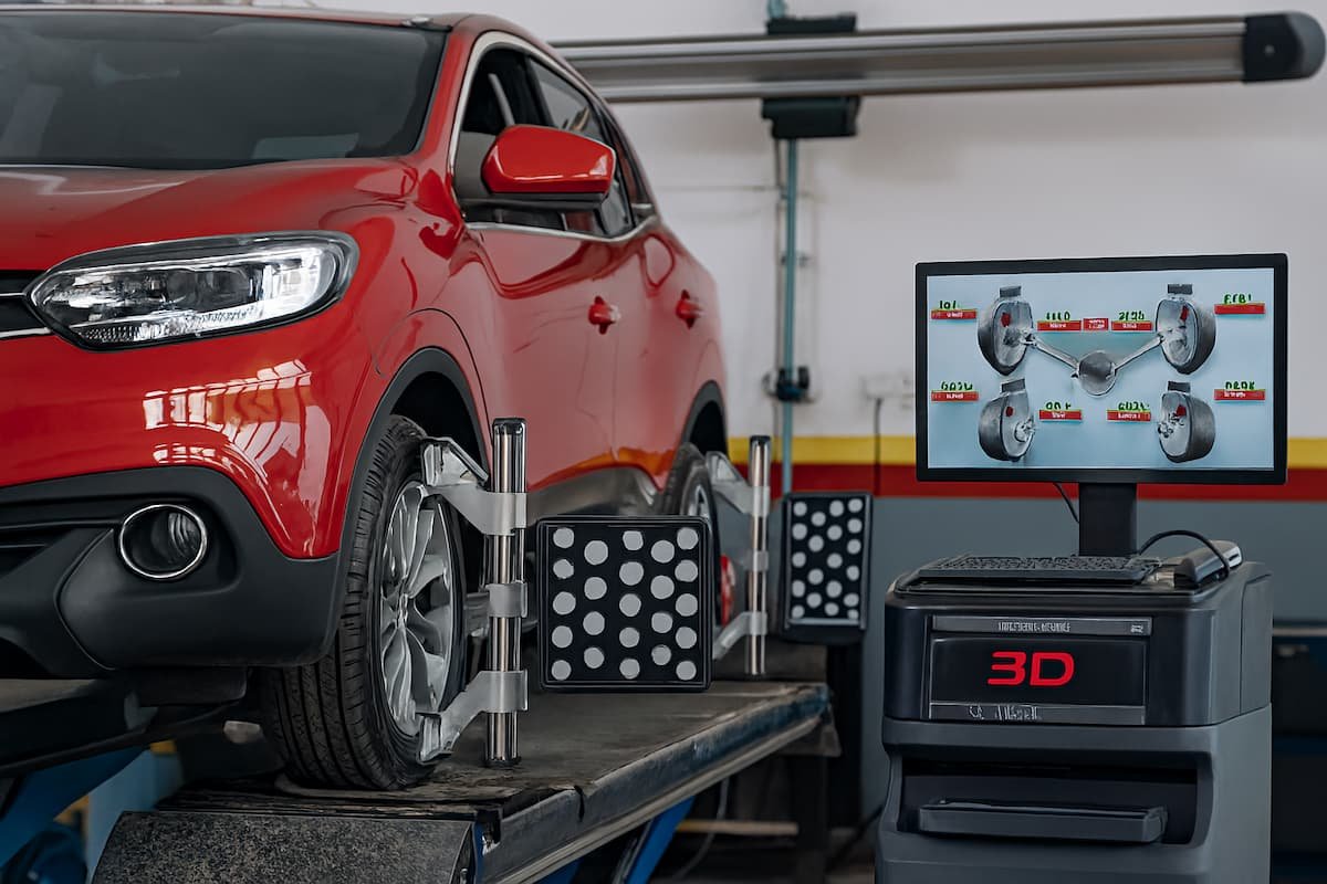 Auto en proceso de alineación 3D sobre elevador hidráulico, con sensores digitales en las ruedas y pantalla de diagnóstico en taller mecánico profesional