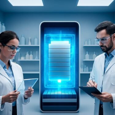 Laboratorio con científicos analizando una batería de estado sólido