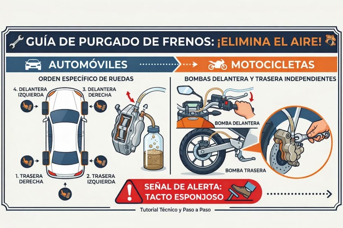 Infografía técnica que explica cómo purgar el sistema de frenos en autos y motocicletas, mostrando el orden correcto de las ruedas para un automóvil y el método para las bombas delantera y trasera en una moto.