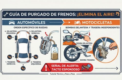 Infografía técnica que explica cómo purgar el sistema de frenos en autos y motocicletas, mostrando el orden correcto de las ruedas para un automóvil y el método para las bombas delantera y trasera en una moto.